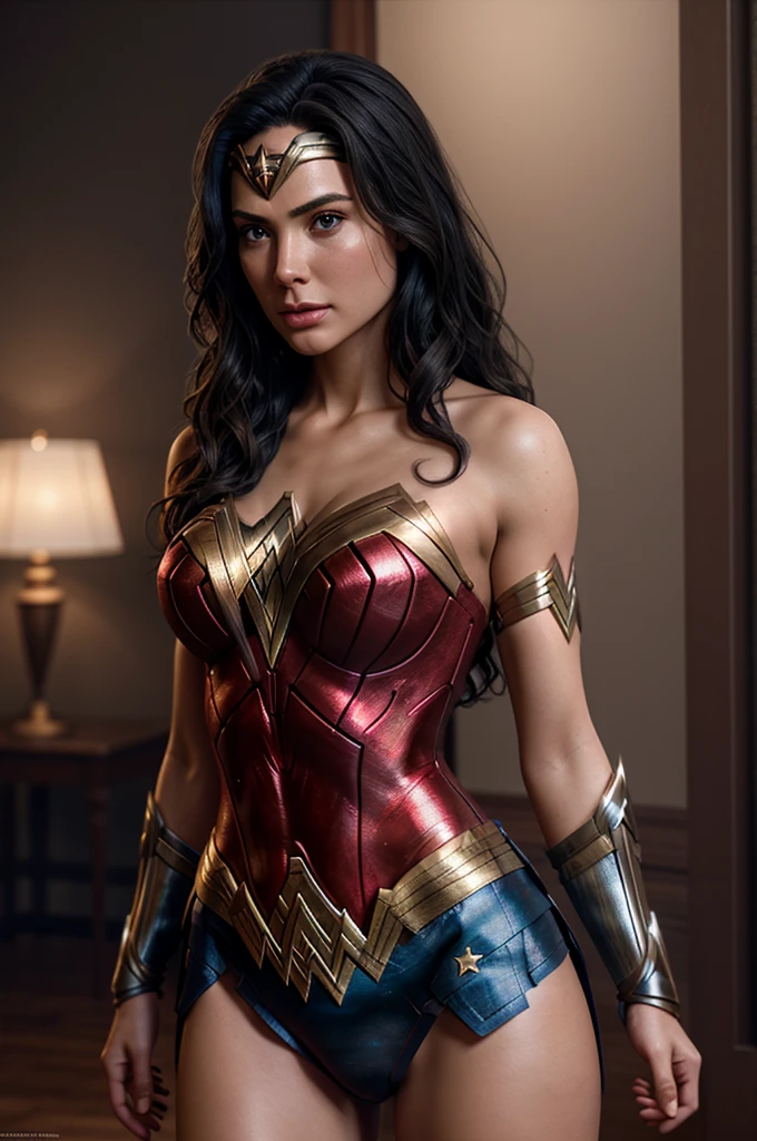 wonder woman, wearing a blouses and underwear, photography, soft lighting, soft details, octane, artstation trending, ultra high detail, ultra realistic, cinematic,16k