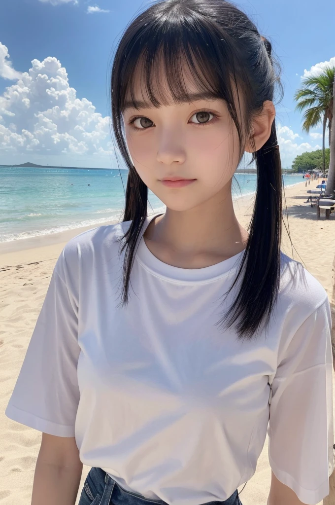 White T-shirt,hot pants,15 years old,high school girl,Black Hair,bangs,Straight Hair,ponytail,Dark Eyes,Small Face,Clean eyes,Small Mouth,slender,Young face,Lori,Flat chest,live-action,Realistic photos,8K,Ultra HD,Standing posture,whole body,Happy face,Sandy Beach,