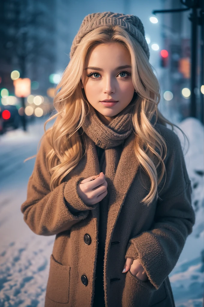 professional portrait photograph of a gorgeous Norwegian girl in winter clothing with long wavy blonde hair, sultry flirty look, gorgeous symmetrical face, cute natural makeup, wearing elegant warm winter fashion clothing, ((standing outside in snowy city street)), stunning modern urban environment, ultra realistic, concept art, elegant, highly detailed, intricate, sharp focus, depth of field, f/1. 8, 85mm, medium shot, mid shot, (((professionally color graded))), bright soft diffused light, (volumetric fog), trending on instagram, hdr 4k, 8k