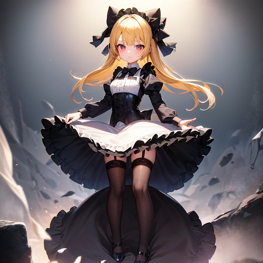 ((Maid)),Frills,corset,Cute little loli,Tiny Lori,Small girl,,Childish face, Very fine clean face,Top quality, Big eyes,Straight Hair,Yellow hair,Crimson Eye,(Dark Room), Subtle light, Natural light,Soft lighting,Light from directly behind, (Are standing), Cute pose, (Open your hands), Showing the whole body,Front view,Black background