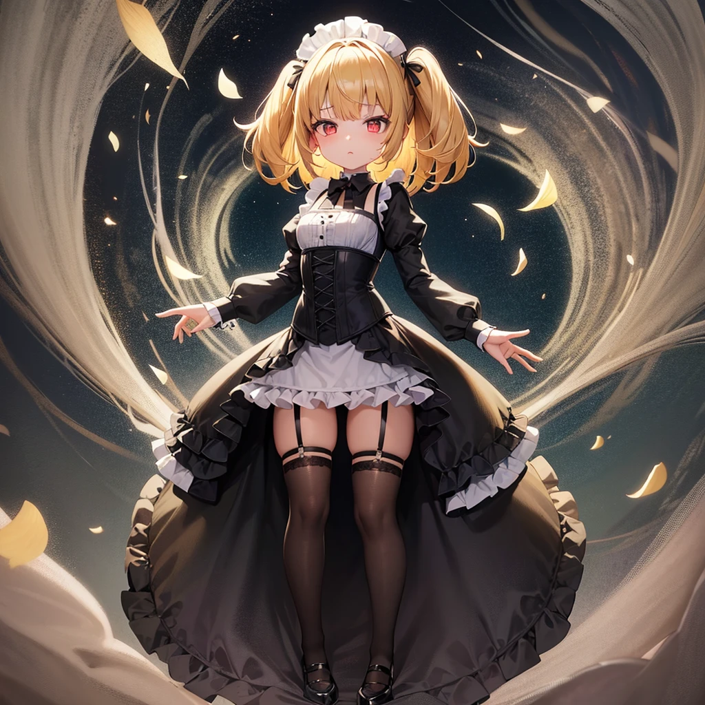 ((Maid)),Frills,corset,Cute little loli,Tiny Lori,Small girl,,Childish face, Very fine clean face,Top quality, Big eyes,Straight Hair,Yellow hair,Crimson Eye,(Dark Room), Subtle light, Natural light,Soft lighting,Light from directly behind, (Are standing), Cute pose, (Open your hands), Showing the whole body,Front view,Black background