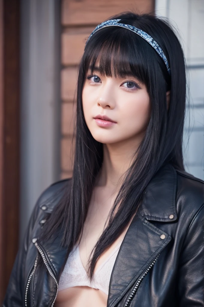 30-year-old woman,Black Hair,Asian,Korean style long hair,Headband,Long Bangs,Blue Eyes,Dark Skin,leather jacket,Tattoo