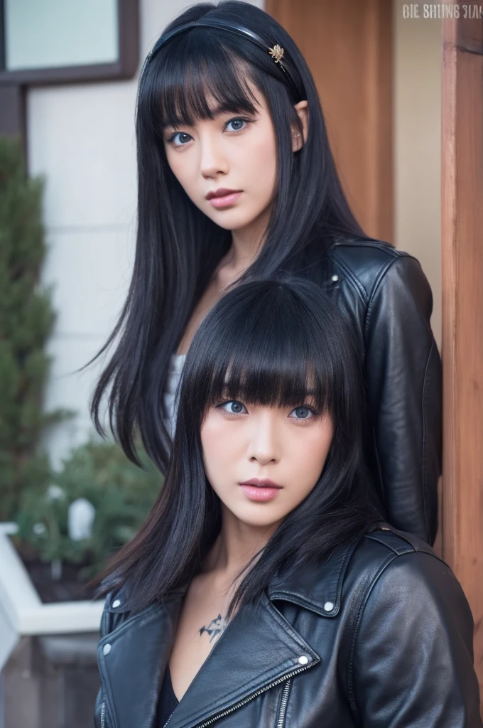 30-year-old woman,Black Hair,Asian,Korean style long hair,Headband,Long Bangs,Blue Eyes,Dark Skin,leather jacket,Tattoo