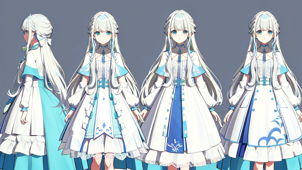 three views、Character Design、whole body、White Hair、Blue-green eyes、Long Hair、Straight Hair、White dress、mysterious、White background