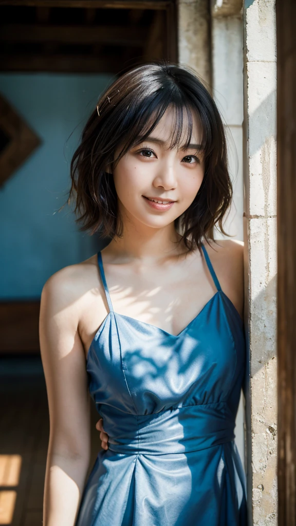(Highest quality,masterpiece:1.3,Ultra-high resolution),(Very detailed,Caustics,8K), (Realistic:1.4, RAW shooting),(A city shrouded in mystery, Dense teeth), Sunlight shining through ,Light pours down,26 years old,cute,Are standing,(smile),Looking into the camera,Short black hair,(Light blue dress), (Bust up shot),(Low position),(Low Angle),Natural light