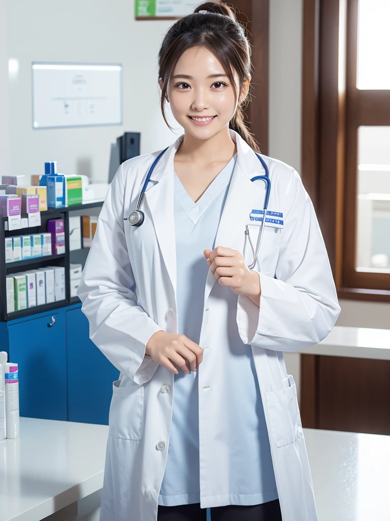 (Highest quality), (masterpiece), 1girl, pharmacist, (Dispensing), doctor coat, Dispensing Room, smile, Hair tied in a ponytail