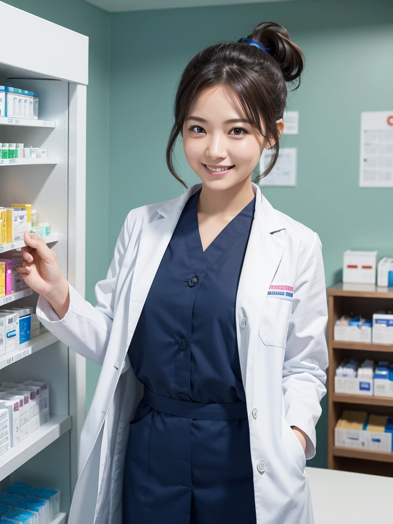 (Highest quality), (masterpiece), 1girl, pharmacist, (Dispensing), doctor coat, Dispensing Room, smile, Hair tied in a ponytail