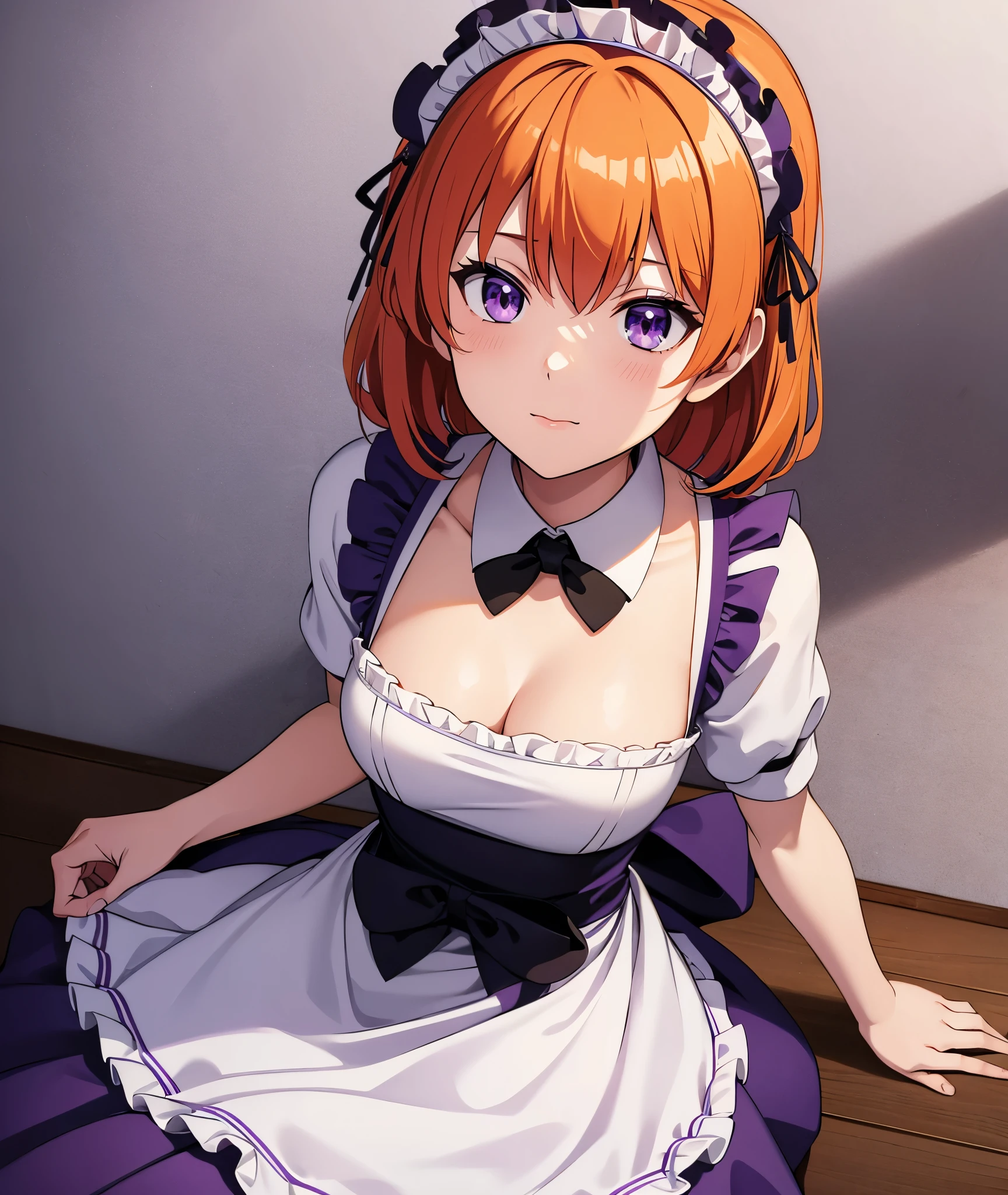 masterpiece, Highest quality, One girl, Purple eyes, Orange Hair,Maid headdress, Maid,