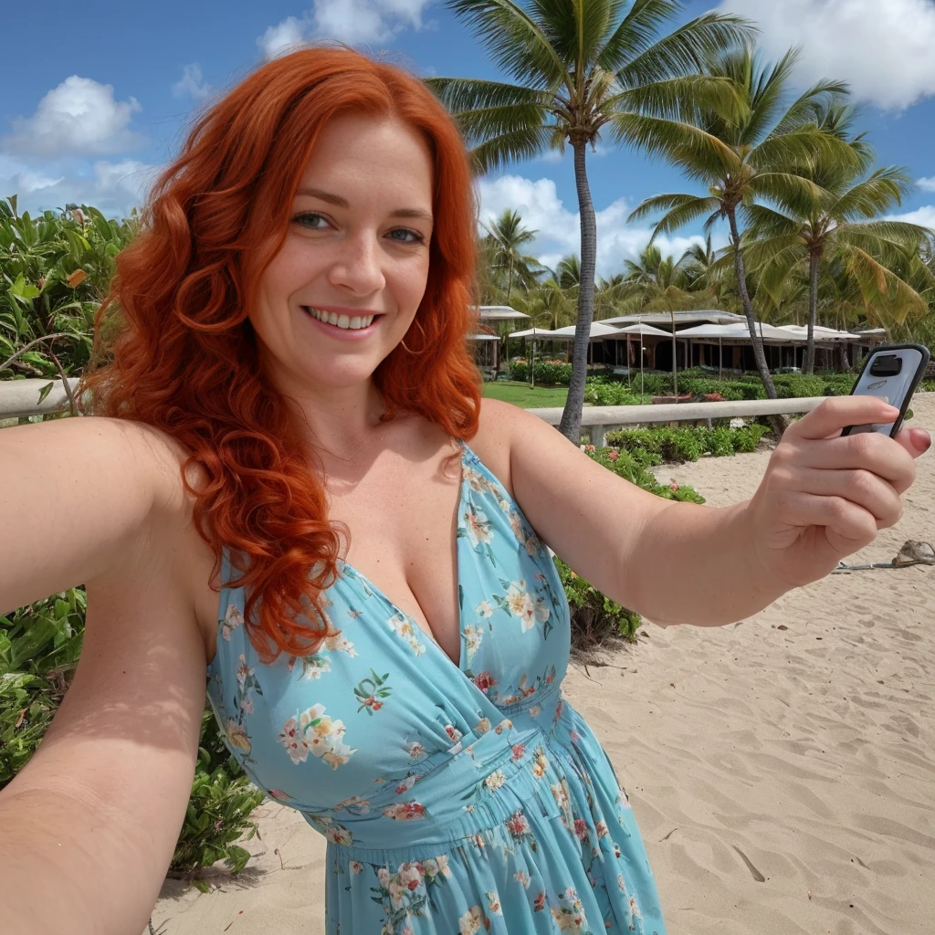 1girl, solo, realistic, anorexia, ((ugly:1.5)), German woman, ((mature)), ((old woman)), ((wrinkled body)), (65-years-old), (German woman features), curly red hair, (German blue-eyes), long curly hair, hair bobbles, light freckles on cheeks and nose, eye wrinkles, plump lips, (German old body), she is Amanda and she has fair skin, (upper body and upper legs), (background: outside Honolulu beachside), wearing maxi dress, smiling, (((ginger-red hair))), (((selfie shot)))