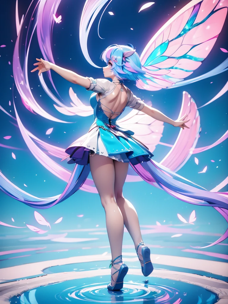 Seizo Watase style, Simple Line Initialism,Abstract art, 3d character, colorful hearts ,(((The most beautiful girl of all time))), (full body 1.2), only girl, long hair, bufferfly and sky background, 25 year old, full body, (((8k))), (((3d)), blue and pink hair, Large butterfly wings on the back, moon, ballet dance, one hand raised above, on leg raised above