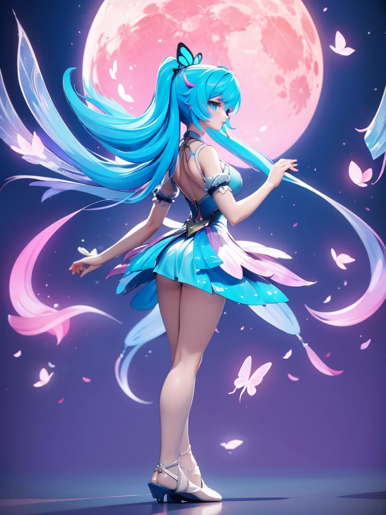 Seizo Watase style, Simple Line Initialism,Abstract art, 3d character, colorful hearts ,(((The most beautiful girl of all time))), (full body 1.2), only girl, long hair, bufferfly and sky background, 20 year old, full body, (((8k))), (((3d)), blue and pink hair, Large butterfly wings on the back, moon, look from back, ballet dance