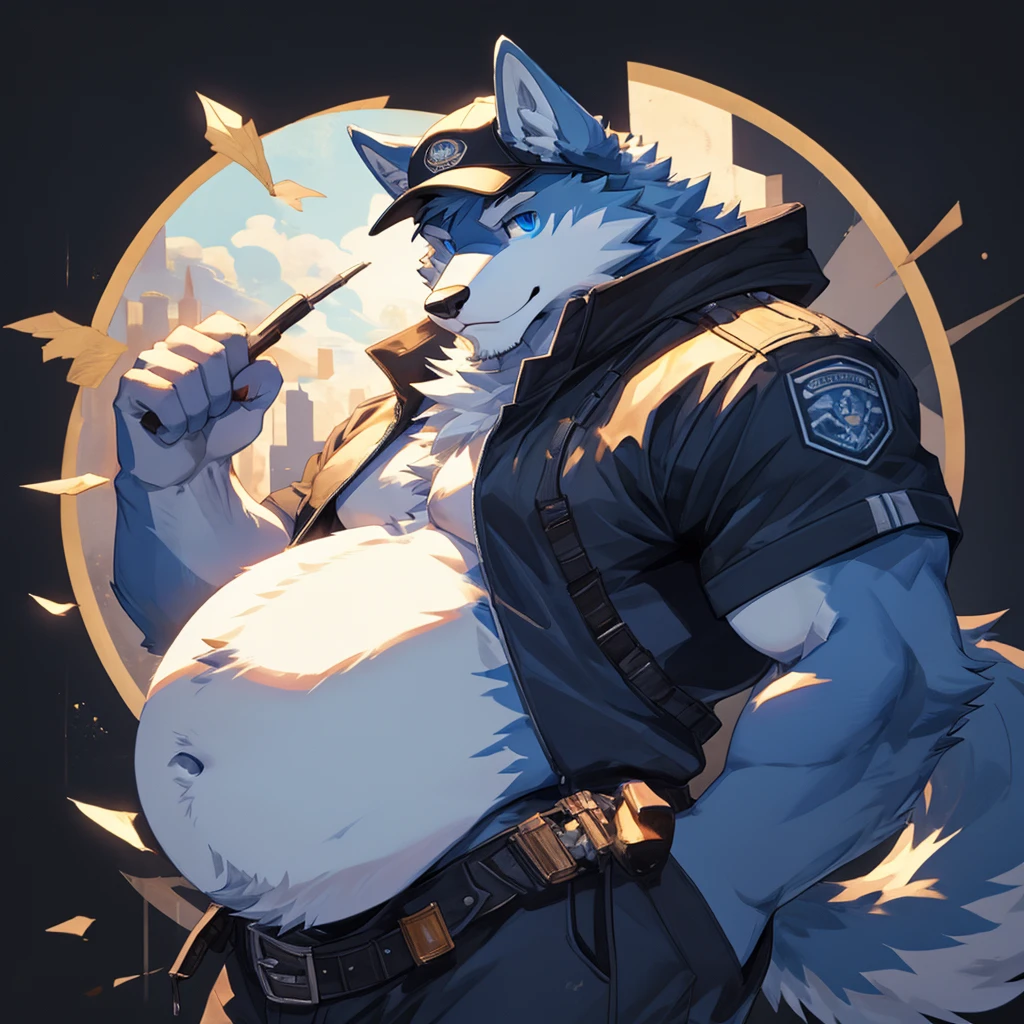 Masterpiece, Solo, Furry Light Blue Wolf, Light Blue Fur,Dark Blue Eyes, Horns, huge body, Muscular Body, Cool Pose, Charming, Handsome, Good Looking, cap, holding cat , big belly
