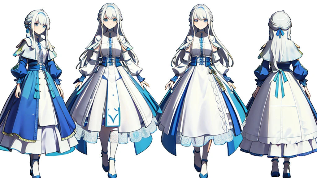 three views、Character Design、whole body、White Hair、Blue-green eyes、Long Hair、Straight Hair、White dress、mysterious、White background
