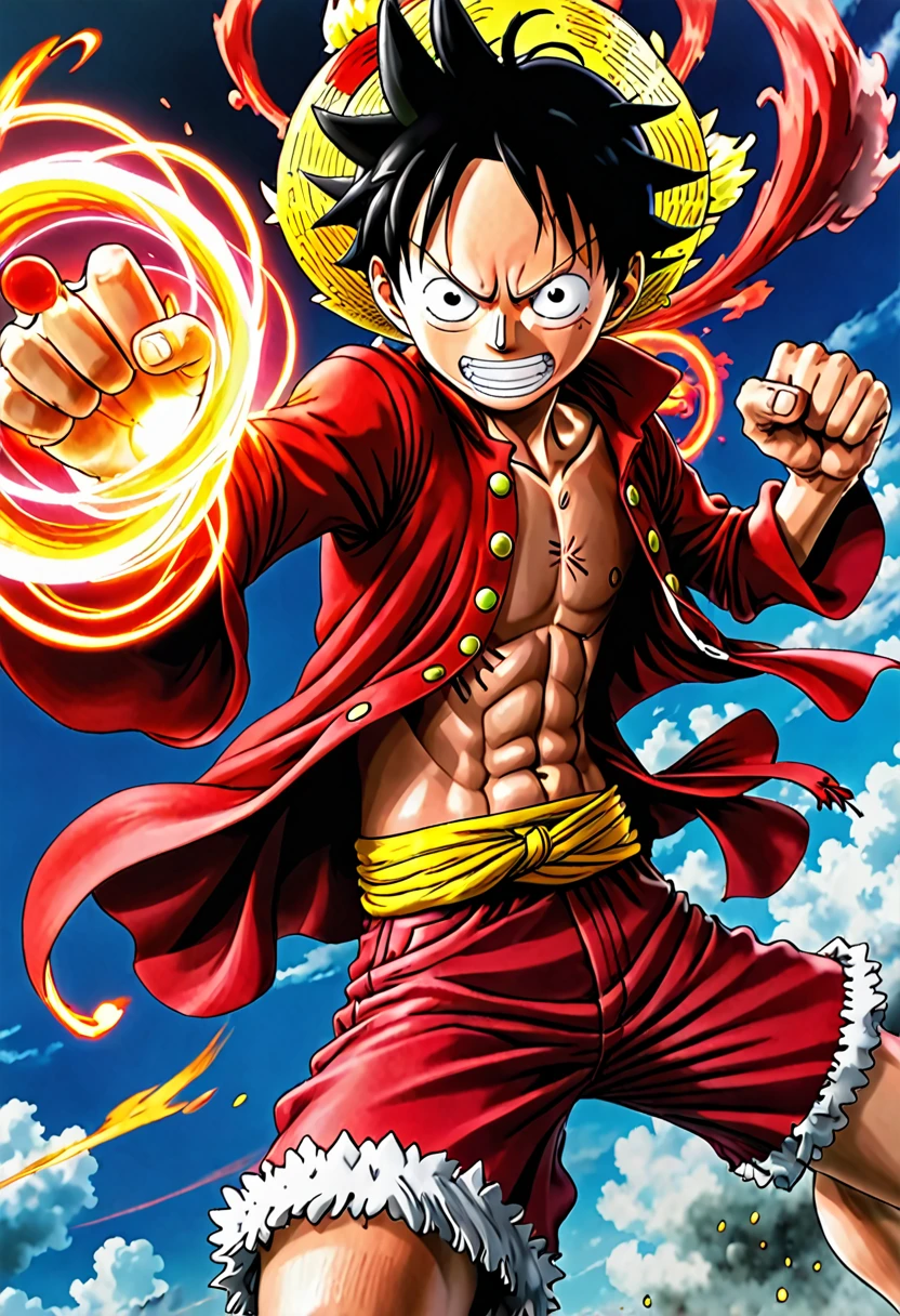 a real photo of Luffy from one piece in his joyboy gear fifth form fighting a battle jumoing through air with a red aura around his fist
