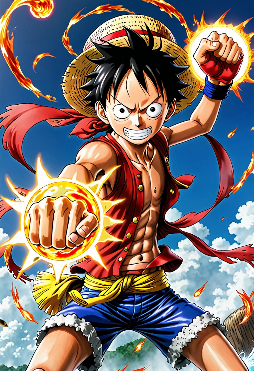 a real photo of Luffy from one piece in his joyboy gear fifth form fighting a battle jumoing through air with a red aura around his fist
