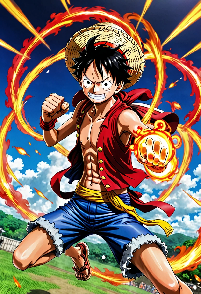 a real photo of Luffy from one piece in his joyboy gear fifth form fighting a battle jumoing through air with a red aura around his fist