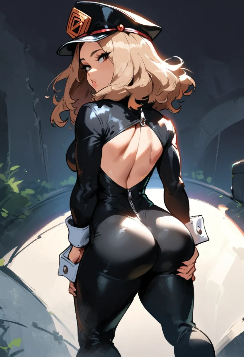 1girl, utsushimi kemii, boku no hero academia \\\\\ masterpiece, best quality, very aesthetic, absurdres, newest \\\\\\ slim body,///// ,by nyantcha,cutesexyrobutts , by khyle,,////// beautiful face,  light brown hair  ,plump and glossy lips, . , , dark brown eyes,, cap,  black catsuit with a zipper running down the middle,. She wears white cuffs around her wrists,,standing, white background, (back view:1.2), ass view
