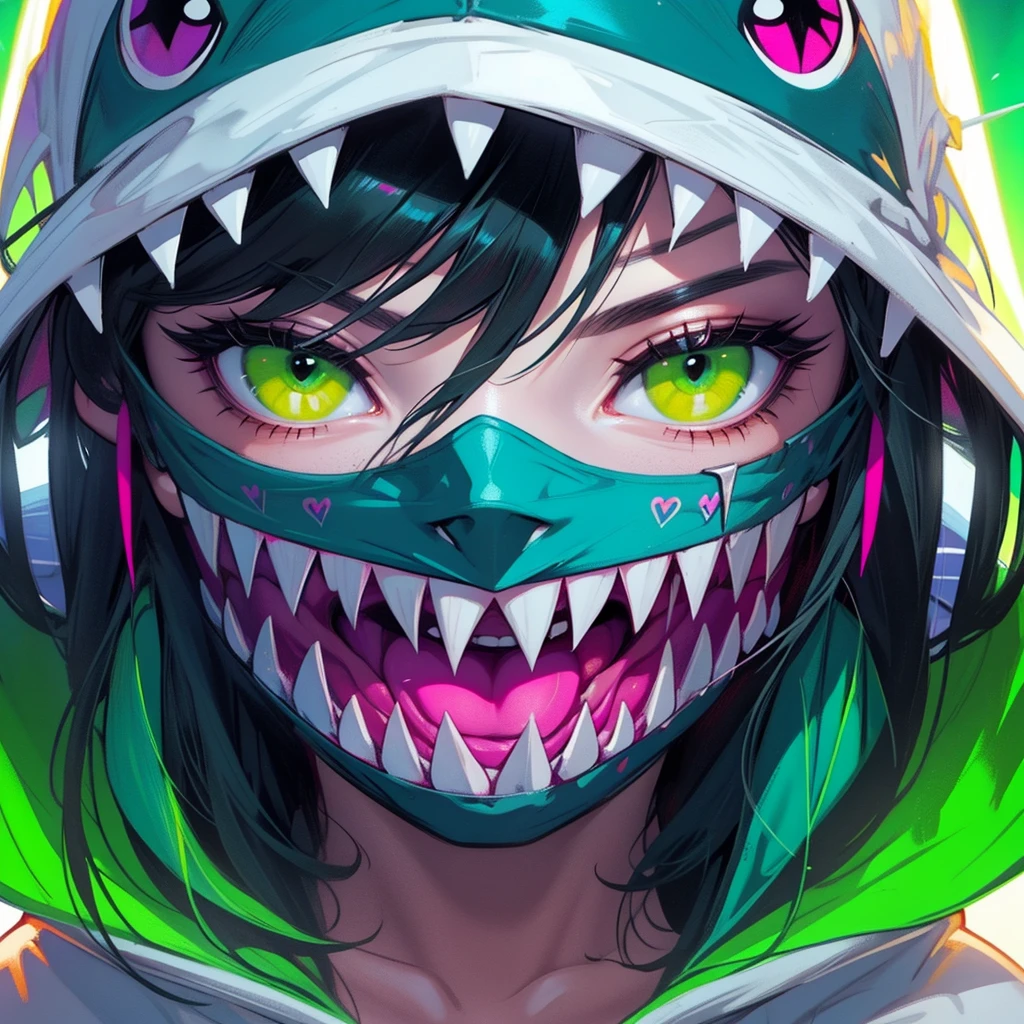 Anime girl, green spiky hair, snake eyes, wearing a predatory dog mask, mouth open