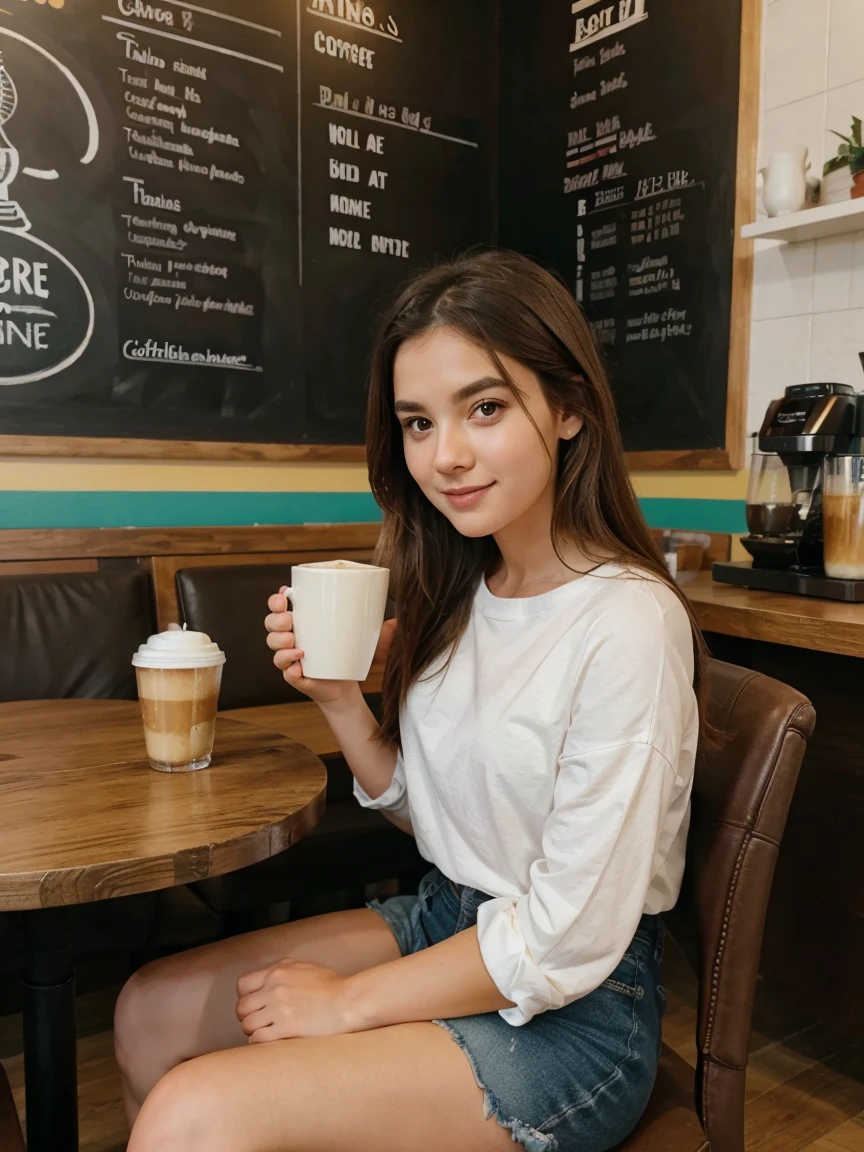 Girl sitting on chair with round table, both hands holding a cup of coffee, coffee shop background, colorful interiors, people around,
