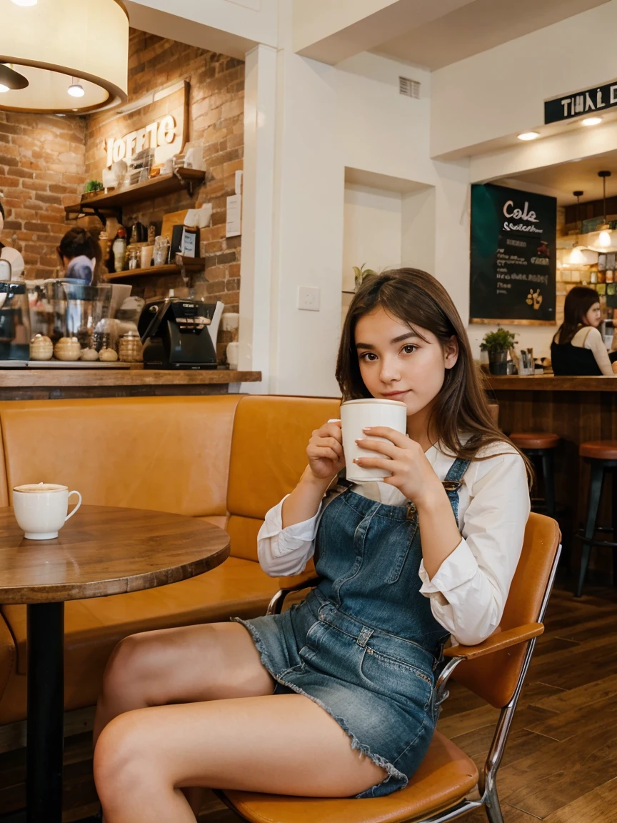 Girl sitting on chair with round table, both hands holding a cup of coffee, coffee shop background, colorful interiors, people around, 