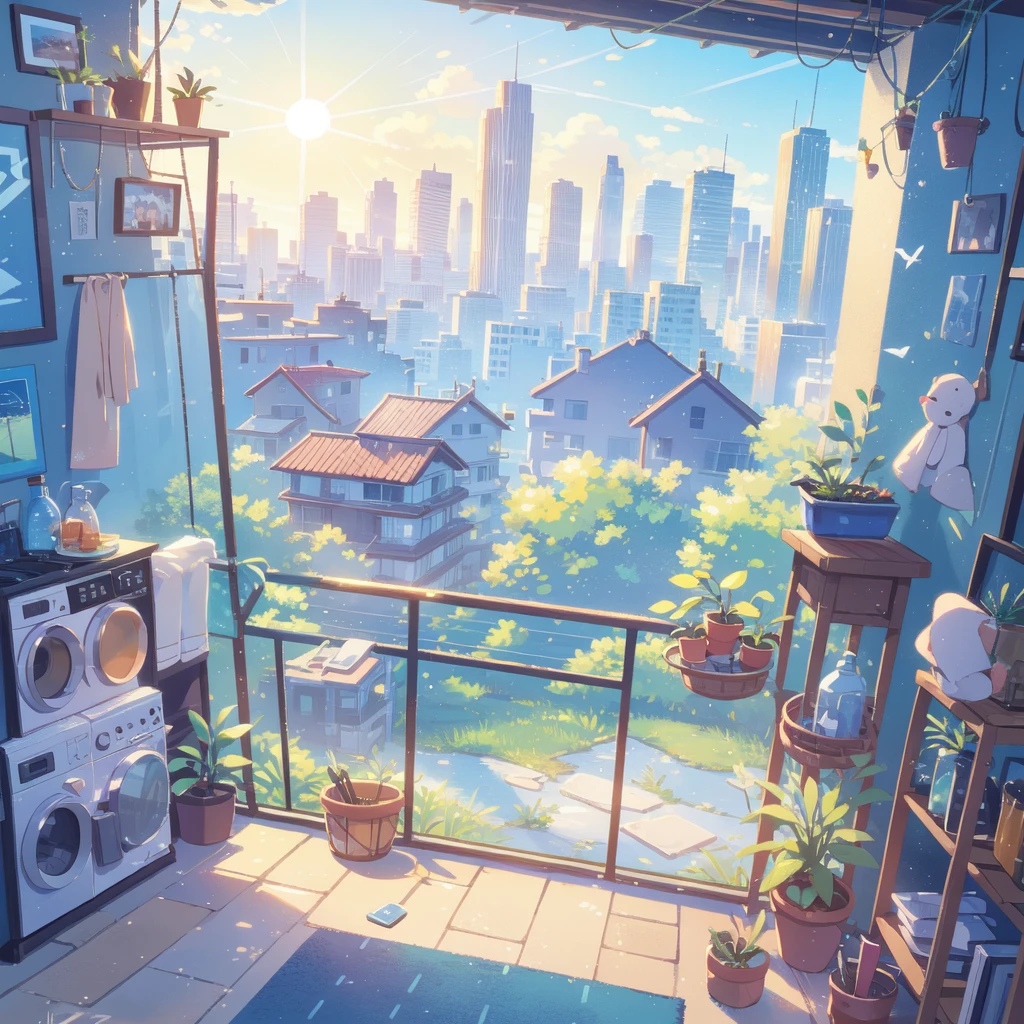 No humans,balcony,washing machine,Clothes to dry,Distant city scenery,sky scraper,Sun and blue sky、Ultra-high quality