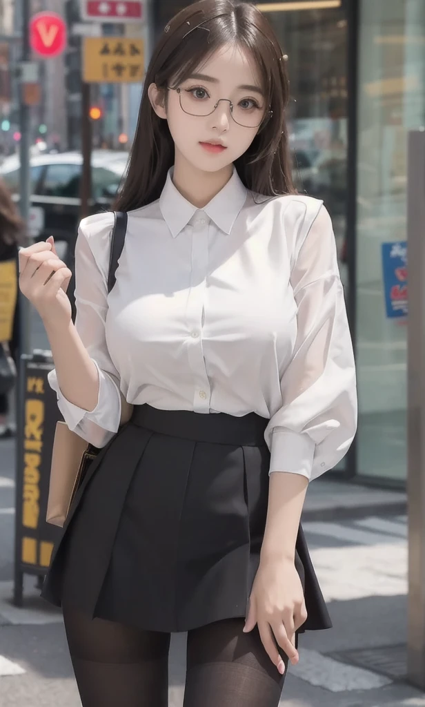 ulzzang-6500-v1.1, (raw photo:1.2), (photorealistic:1.4), beautiful detailed girl, very detailed eyes and face, beautiful detailed eyes, ridiculous, incredibly ridiculous, huge file size, super detailed, high resolution, very detailed, best quality, masterpiece, ((fashion clothing with diverse colors)), illustration, very detailed, CG, unified, 8k wallpaper, amazing, fine detail, masterpiece ,best quality, very detailed CG uniform 8k wallpaper, light on face, movie lighting, 1girl, 16 years old, long white hair, side splits, (big breasts), (no panties)), (glasses), ((dynamic pose))), ((sexy pose))), (camel toe), (half), (pantyhose)), ((black hip skirt))