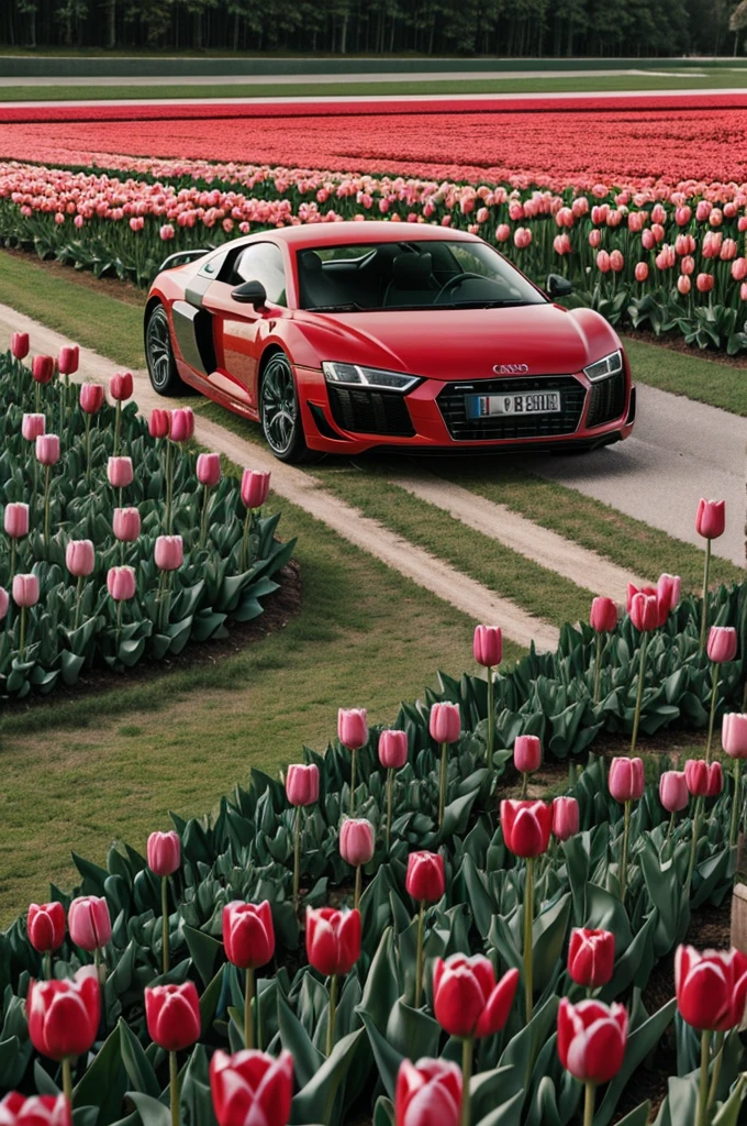 Audi R8 surrounded by tulips 