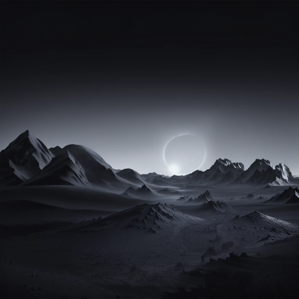 Arafud Mountains landscape with sun shining, dark desert background, beautiful dark landscape, Somewhere in the desert, Inspired by Michal Kartz, Moon Landscape, Nicolas Delort, dark landscape, Inspired by Michal Karz, Alien Landscape view, Alien Landscape, empty desert, In a quiet vast desert, dune