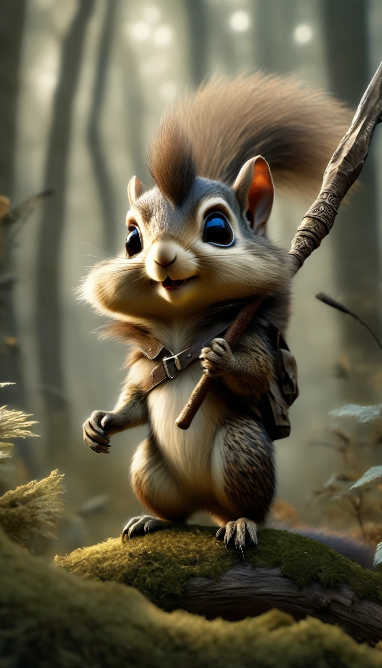 illustration of a little magical cute forest creature. The creature IS holding a spear. fantasy art, intricate details, style Jean - Baptiste Monge, style Alan Lee, anthropomorphic squirrel , scene from a movie, dramatic shot angle, atmospheric particles, Real, raw cinematic photorealism, action portrait, 8k, detailed, centered, full frame