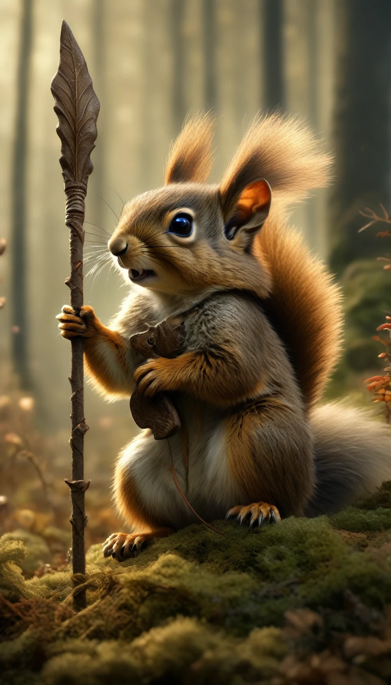 illustration of a little magical cute forest creature. The creature IS holding a spear. fantasy art, intricate details, style Jean - Baptiste Monge, style Alan Lee, anthropomorphic squirrel , scene from a movie, dramatic shot angle, atmospheric particles, Real, raw cinematic photorealism, action portrait, 8k, detailed, centered, full frame