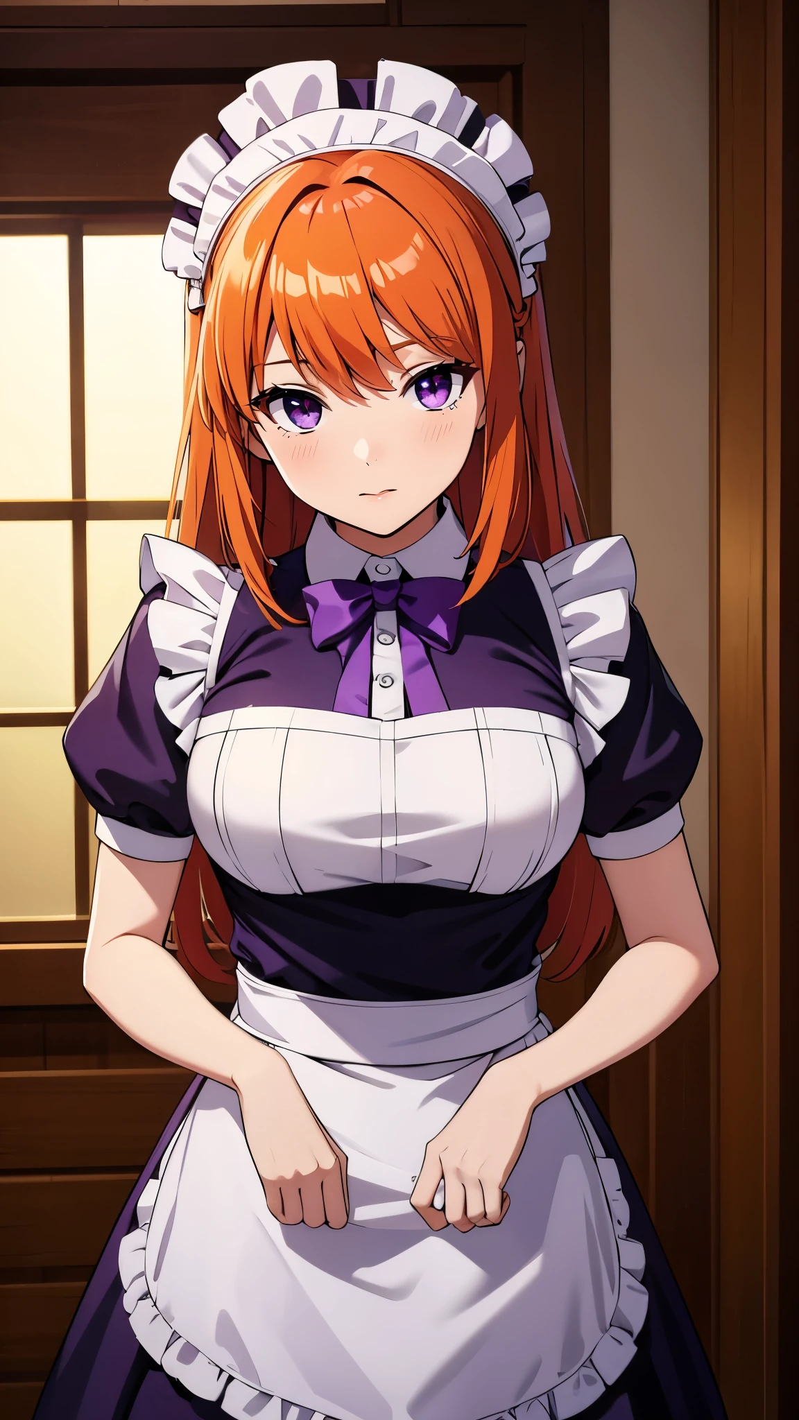 masterpiece, Highest quality, One girl, Purple eyes, Orange Hair,Maid headdress, Maid,