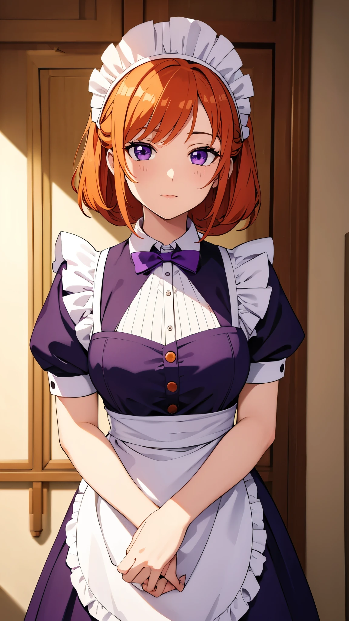 masterpiece, Highest quality, One girl, Purple eyes, Orange Hair,Maid headdress, Maid,