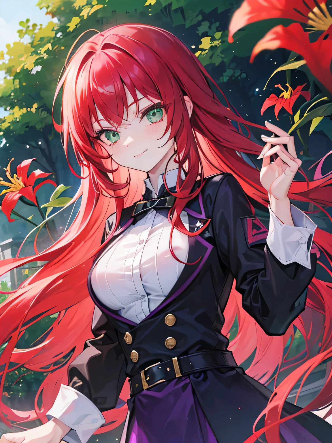 girl, green eyes, long red hair, she hair wavy. wear purple black uniform, arogant, independent woman, thug. bad girl. itimidating women. kind smile. background in white lily garden.