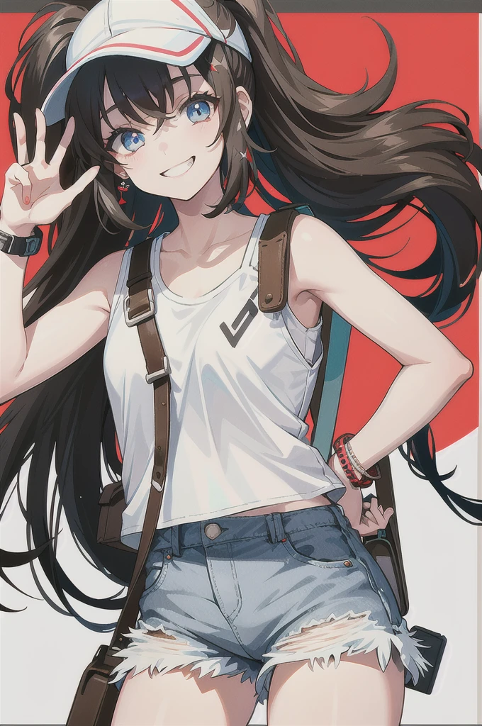 This character is a young girl with long brown hair tied in a high ponytail. She wears a white cap with a red symbol, a white tank top, a black sleeveless jacket, ripped denim shorts and black bracelets. She also has a gray shoulder bag. Her eyes are big and blue, and she makes a peace sign with her left hand, while smiling.