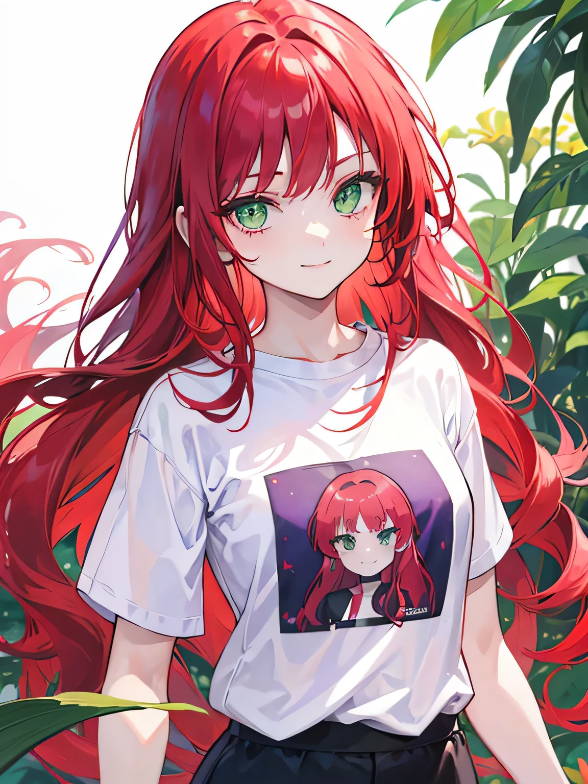 girl, green eyes, long red hair, she hair wavy. wear purple t shirt, arogant, independent woman, thug. bad girl. itimidating women. kind smile. background in white lily garden.