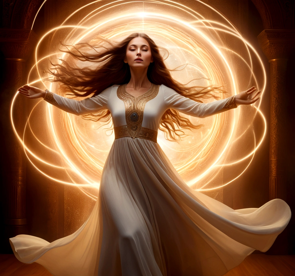 a woman levitating in a surreal, dreamlike environment, realistic, photorealistic, highly detailed, intricate, beautiful eyes, elegant face, long flowing hair, graceful pose, surrounded by glowing magnetic energy fields, ethereal, otherworldly, warm color palette, dramatic lighting, cinematic composition