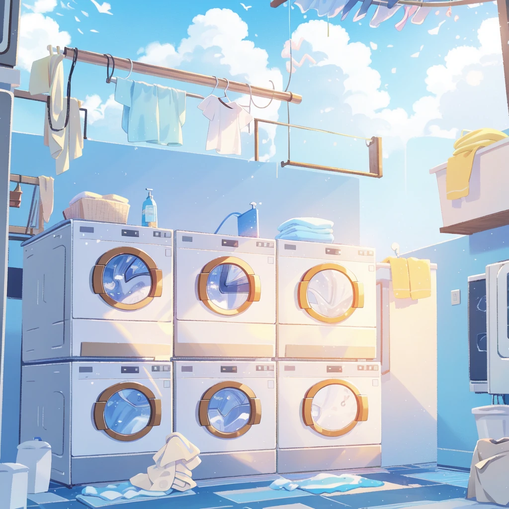 No humans,balcony，((washing machine:1.4))，Clothes to dry，Distant city scenery，sky scraper，Sun and blue sky、Ultra-high quality
