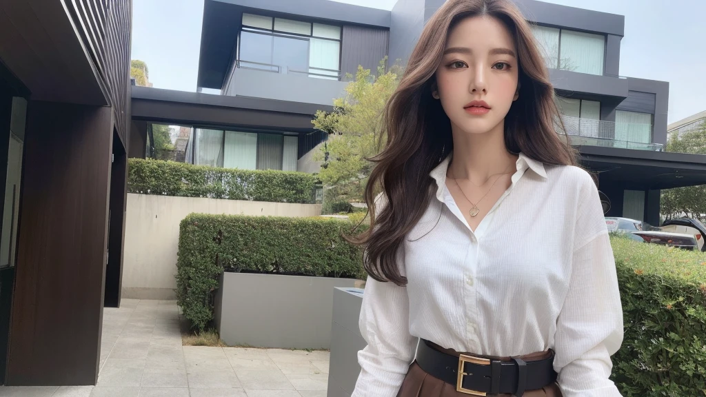 (Best quality, High resolution, Masterpiece :1.3), A tall and pretty woman, Slender abs, Dark brown hair styled in loose waves, Breasts, Wearing pendant, White button up shirt, Belt, Black skirt, (Modern architecture in background), Details exquisitely rendered in the face and skin texture, Detailed eyes, Double eyelid