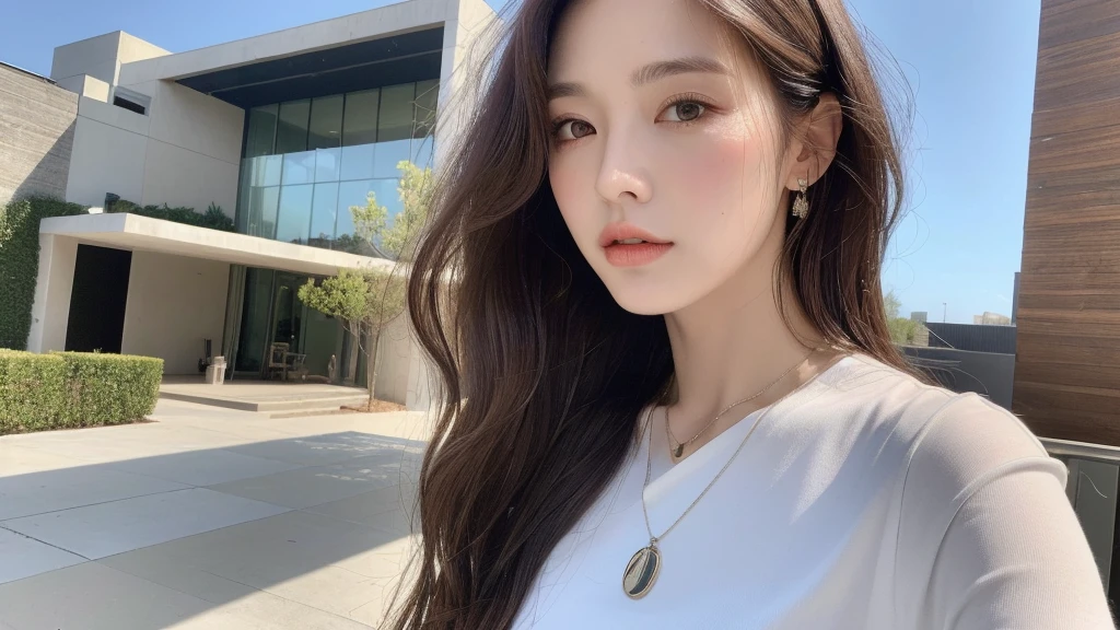 (Best quality, High resolution, Masterpiece :1.3), A tall and pretty woman, Slender abs, Dark brown hair styled in loose waves, Breasts, Wearing pendant, White button up shirt, Belt, Black skirt, (Modern architecture in background), Details exquisitely rendered in the face and skin texture, Detailed eyes, Double eyelid