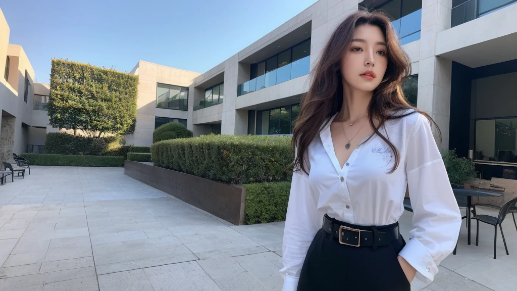 (Best quality, High resolution, Masterpiece :1.3), A tall and pretty woman, Slender abs, Dark brown hair styled in loose waves, Breasts, Wearing pendant, White button up shirt, Belt, Black skirt, (Modern architecture in background), Details exquisitely rendered in the face and skin texture, Detailed eyes, Double eyelid