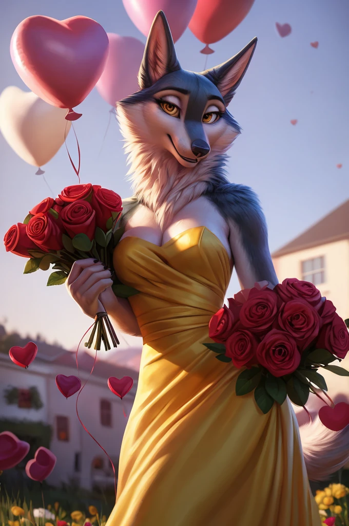 (by pixelsketcher:0.6), (by personalami :0.6), solo, female, porsha, canine, detailed background, (cinematic lighting:1.1), (perfect focus:1.1), 8k hd, photo, (detailed eyes:1.2),depth of field, bokeh, subsurface scattering, perfect breasts, wide angle,(dress, yellow dress,neckline,bouquet of flowers, bouquet of roses, holding a bouquet of roses), bright colors, (furry detail:1.3),detailed background, green field, green landscape,realistic, photorealistic, ultra realistic,(tail),smile,(fluffy:1.3), furry, buff, (realistic fur:1.1), (extreme fur detail:1.2),(detailed yellow pixar style eyes),,((valentine, hearts, flying hearts,heart shaped balloons))