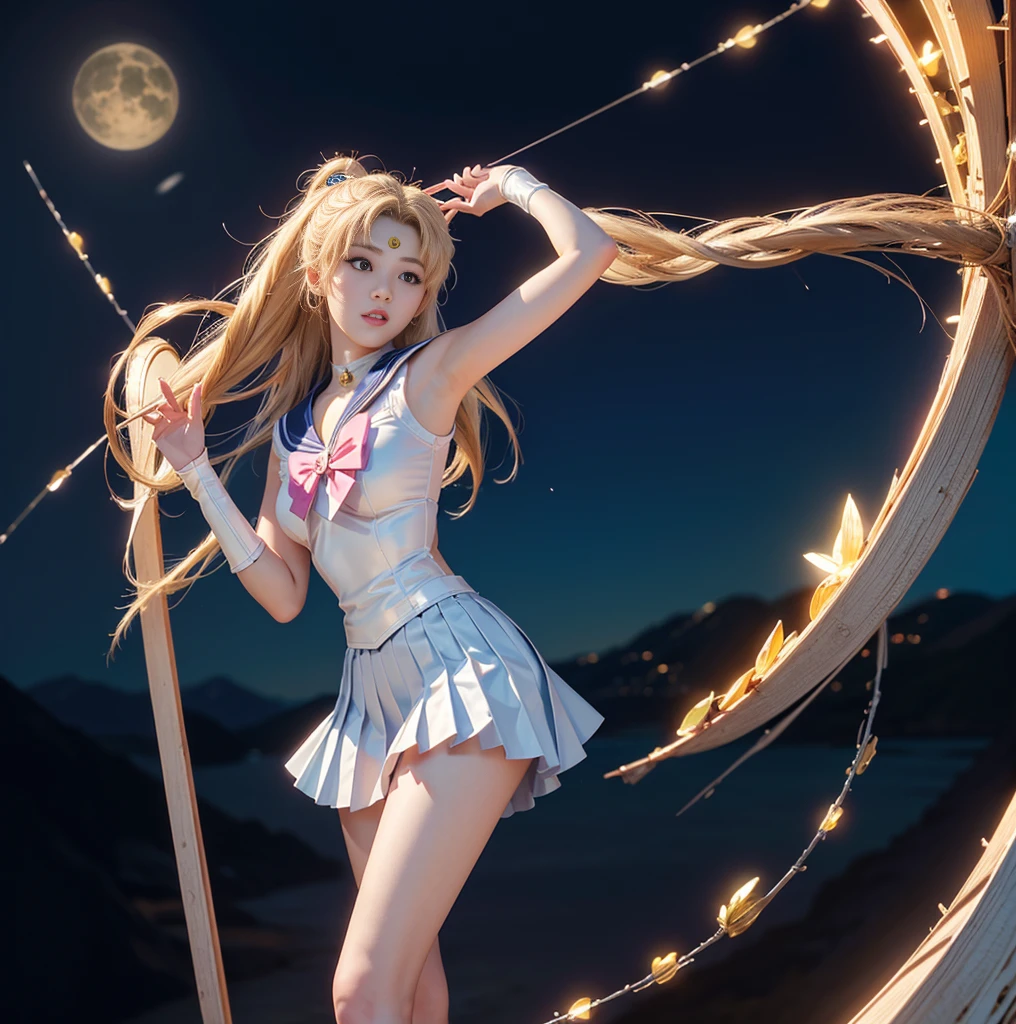 Highest quality，masterpiece，Ultra-high resolution, Very detailed, 8K，a 30 years old beautiful Japanese woman:1.5, Small face, Blonde, Breast Augmentation Surgery, (Detailed Sailor Moon costume:1.5, Pleated skirt), Leg spread