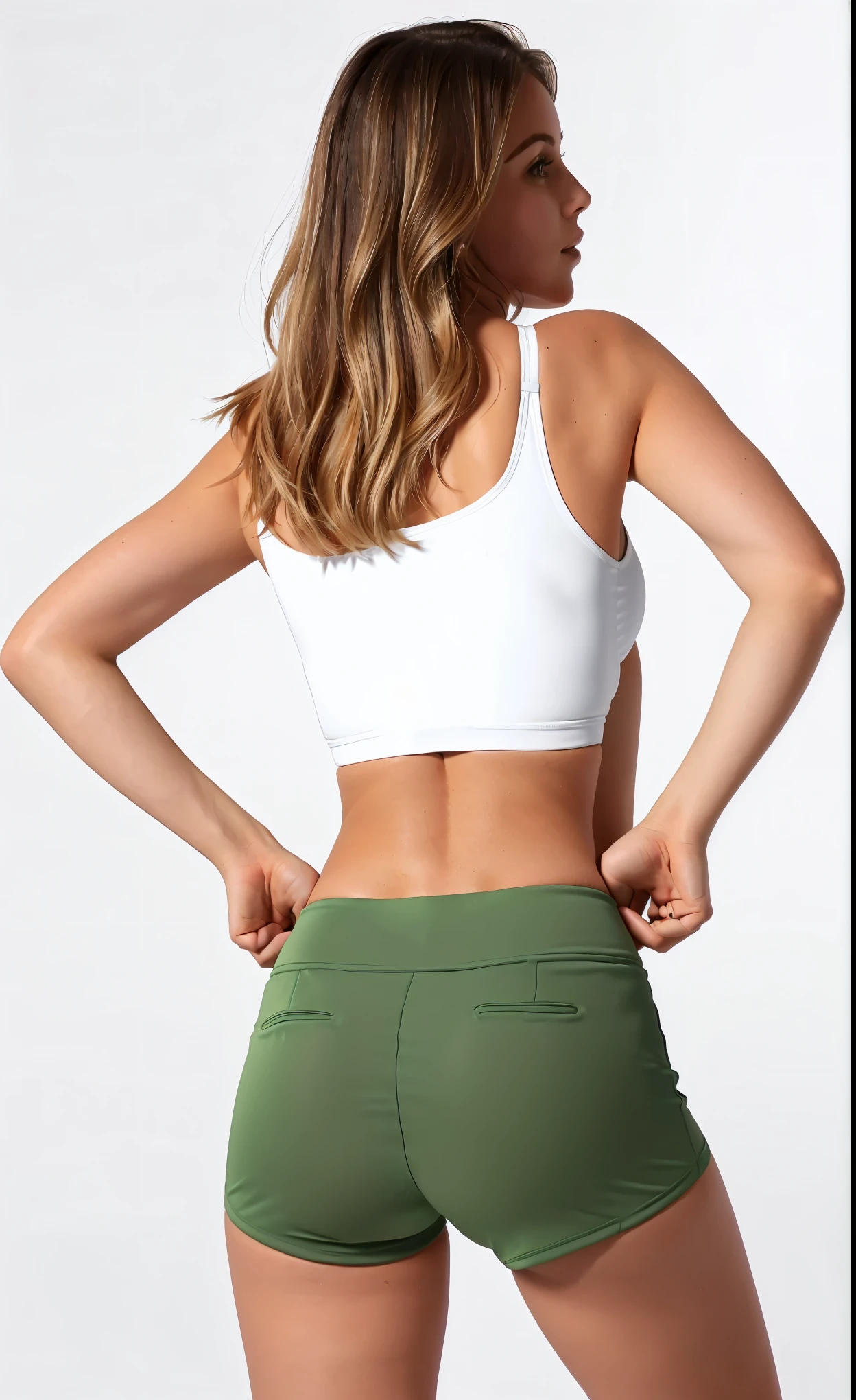 a woman in a white blouse and green shorts is posing, sports bra and shorts, rear view também, coast pose, sports well, top cut, rear view, top cut, sports well, toned shape, training bra, back arched, arched back, detailed sports well, sports bra and shirt, shot from the back, long shot from behind