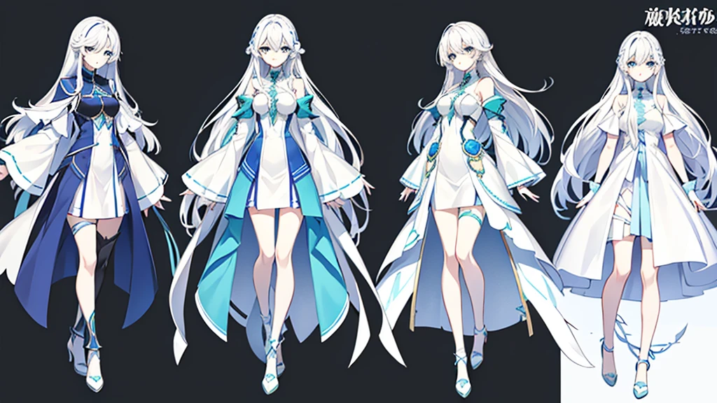 three views、Character Design、whole body、White Hair、Blue-green eyes、Long Hair、Straight Hair、White dress、mysterious、White background