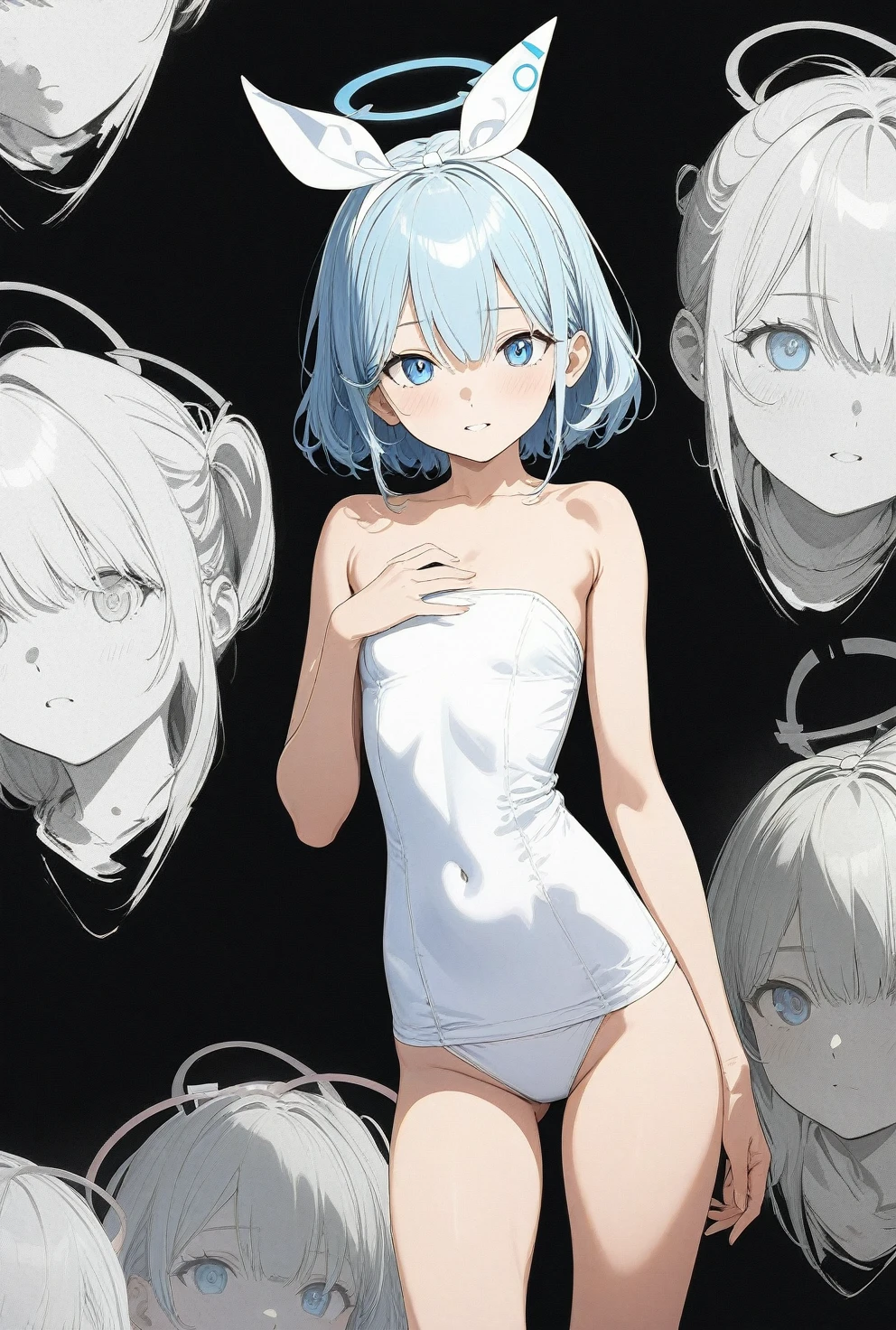 masterpiece, absurdres, high quality, highres, best quality, 1girl, arona (blue archive), blue archive, blue eyes, strapless, (artist official art:1.5), (realistic face), (narrowed eyes), (from above:0.8), (cowboy shot:1.5), (concept art:1.5), panties, (thigh), expressive eyes, perfect face, 4k, extremely detailed anime illustration, extremely detailed eyes, enhanced details, perfect anatomy, light rays, photo background, extremely delicate body, smooth skin, feminine expression, (black background:2), cristal clear eyes, beautiful face,