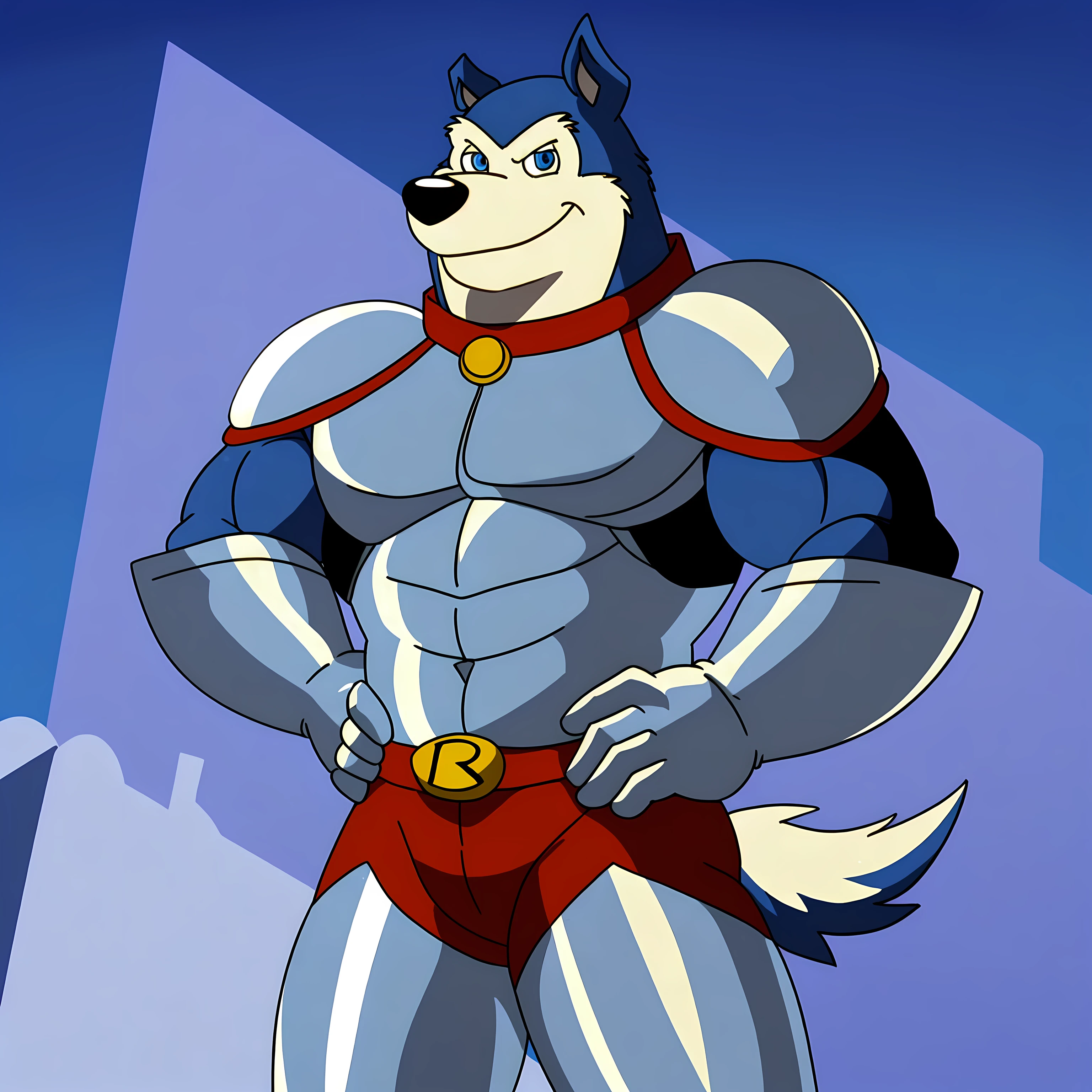 Exile (Road Rovers), blue fur, white fur, anthro, pointy ears, dog, solo, half body, muscular, pectorals, red dog collar, pet tag coin, smile, high quality, best resolution, cel shaded, light blue eyes, detailed eyes, silver uniform, silver armor, silver gloves, red belt, white background, no background, standing, looking at camera, by wfa, by rossciaco, by fabfelipe, hand on hip