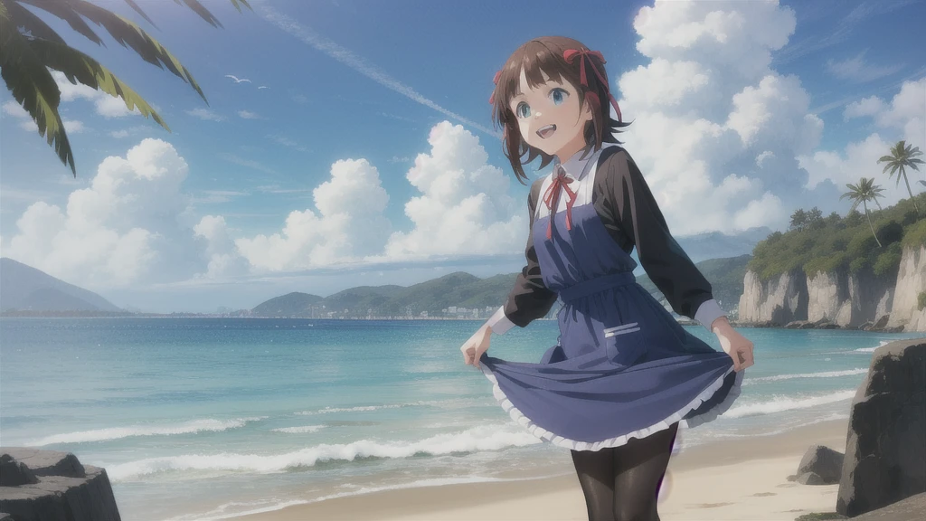 Highest quality,Highest quality,(((Pixel Perfect, Perfect in every detail))),alone,1人of女of子,Amami Haruka,red ribbons,View your viewers,smile,Happy,
Day,null,cumulus clouds,in spring,High resolution,colorful,Volumetric lighting,
depth_of_Field,alone_concentrated,depth of Field,Front view,whole body,
,skinny,thin,thin,(expensive:1.1),
,(blue dress),School_uniform,length_sleeve,shirt,dress,white_shirt,collared_shirt,head_ribbon,apron_dress,Best,wing_collar,(Lace-up_boots:1.1),(black_pantyhose:1.4),Panty lines,
Outdoor,Beach,
(Skin Dentition:1.4),thin thighs,
Are standing,