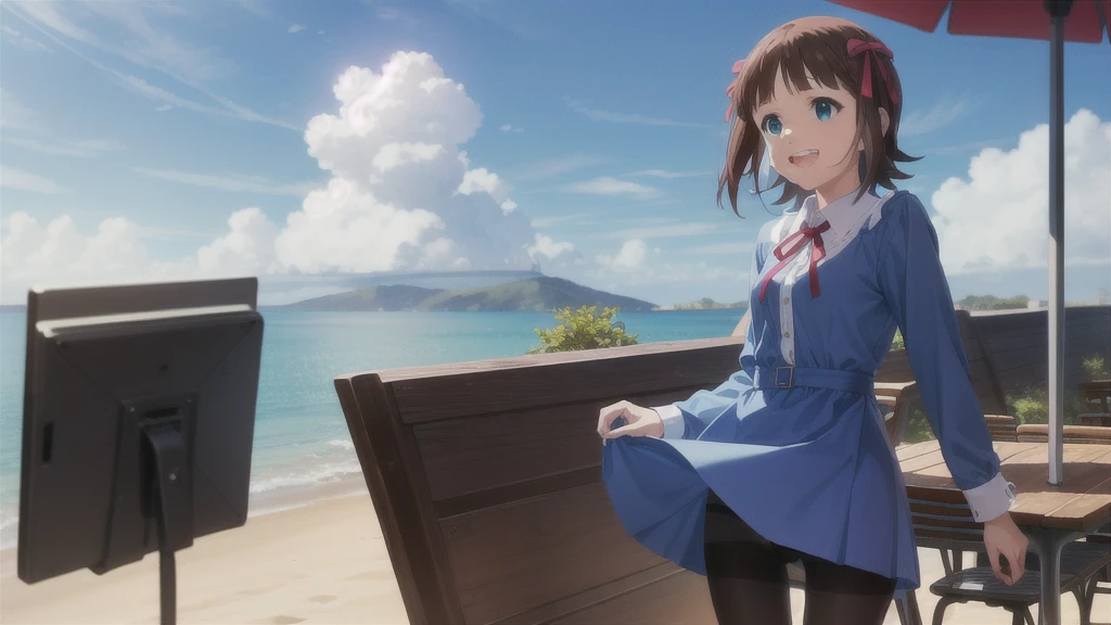 Highest quality,Highest quality,(((Pixel Perfect, Perfect in every detail))),alone,1人of女of子,Amami Haruka,red ribbons,View your viewers,smile,Happy,
Day,null,cumulus clouds,in spring,High resolution,colorful,Volumetric lighting,
depth_of_Field,alone_concentrated,depth of Field,Front view,whole body,
,skinny,thin,thin,(expensive:1.1),
,(blue dress),School_uniform,length_sleeve,shirt,dress,white_shirt,collared_shirt,head_ribbon,apron_dress,Best,wing_collar,(Lace-up_boots:1.1),(black_pantyhose:1.4),Panty lines,
Outdoor,Beach,
(Skin Dentition:1.4),thin thighs,
Are standing,