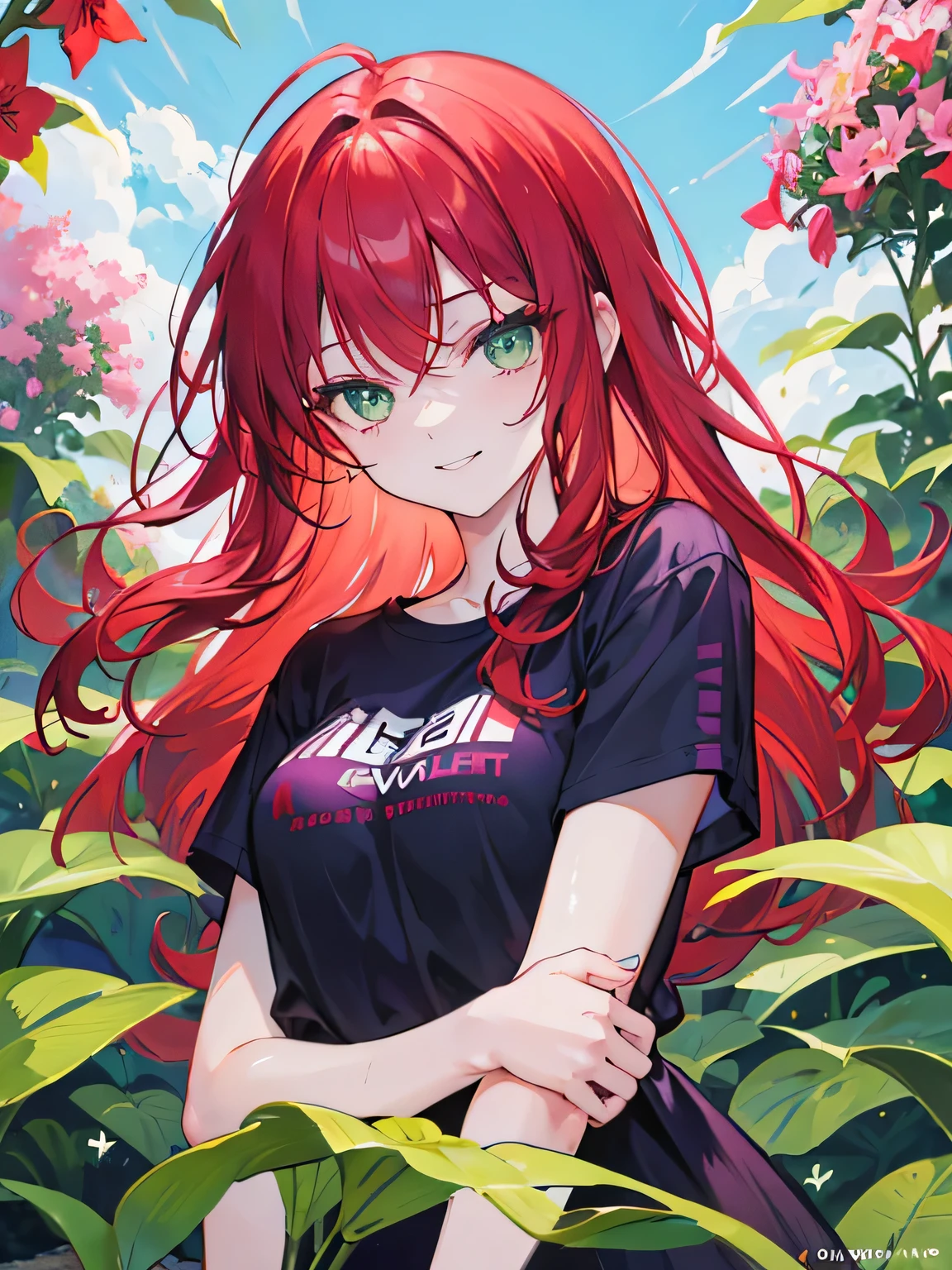 girl, green eyes, long red hair, she hair wavy. wear purple black t shirt, arogant, independent woman, thug. bad girl. itimidating women. kind smile. background in white lily garden.