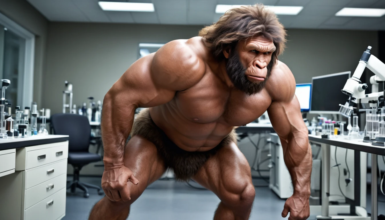 (RAW photo of a Neanderthals:1) , (hyper realistic:1.4), Historical, primitive, (Neanderthal man),(half gorilla mix :0.55), tall, (very muscular:1.8), (hairy body:1.5),(detail face:1.1), tan skin, thick arms, (veiny arms:1), (bloated gut:1.1),(wearing loincloth:1.1), thick legs, rounded pecs, big arms, veiny arms, hunching down, dark brown skin, ( in a lab surrounded by thin scientists:1.1) ,hdr, photorealistic
masterpiece, cinematic, best quality, sharp focus,